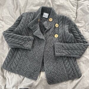 Aran Wool Mills Gray Cable Knit Cardigan with Wooden Buttons